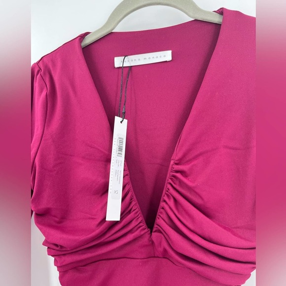 SUSANA MONACO Deep V Ruched Mini Dress Raspberry Red Long Sleeve Fitted Bodycon - Picture 5 of 9